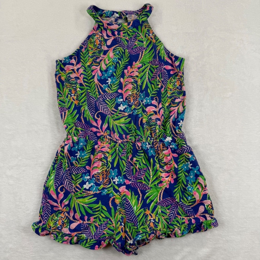 Lilly Pulitzer Girls Blue Tiger Tropical Floral Halter Knit Romper Size L 8-10